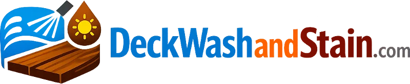 DeckWash and Stain logo with blue text, sun icon, and wooden deck imagery